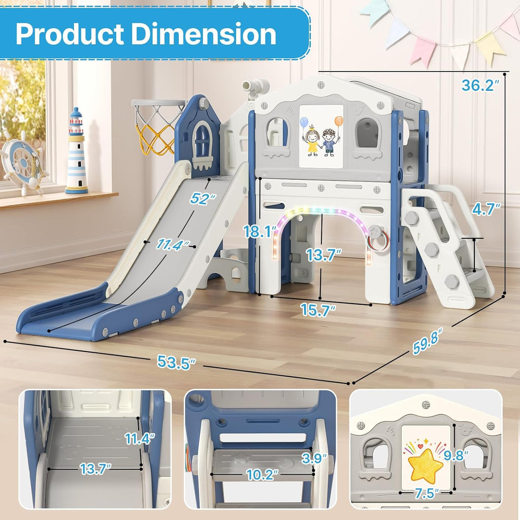 BIERUM 9 in 1 Toddler Slide Set - Baby Slide for Toddlers 1-3 with Colorful Lights, Drawing Board and Building Blocks Board, Indoor Outdoor Toddler Playset Playground, Blue Gray