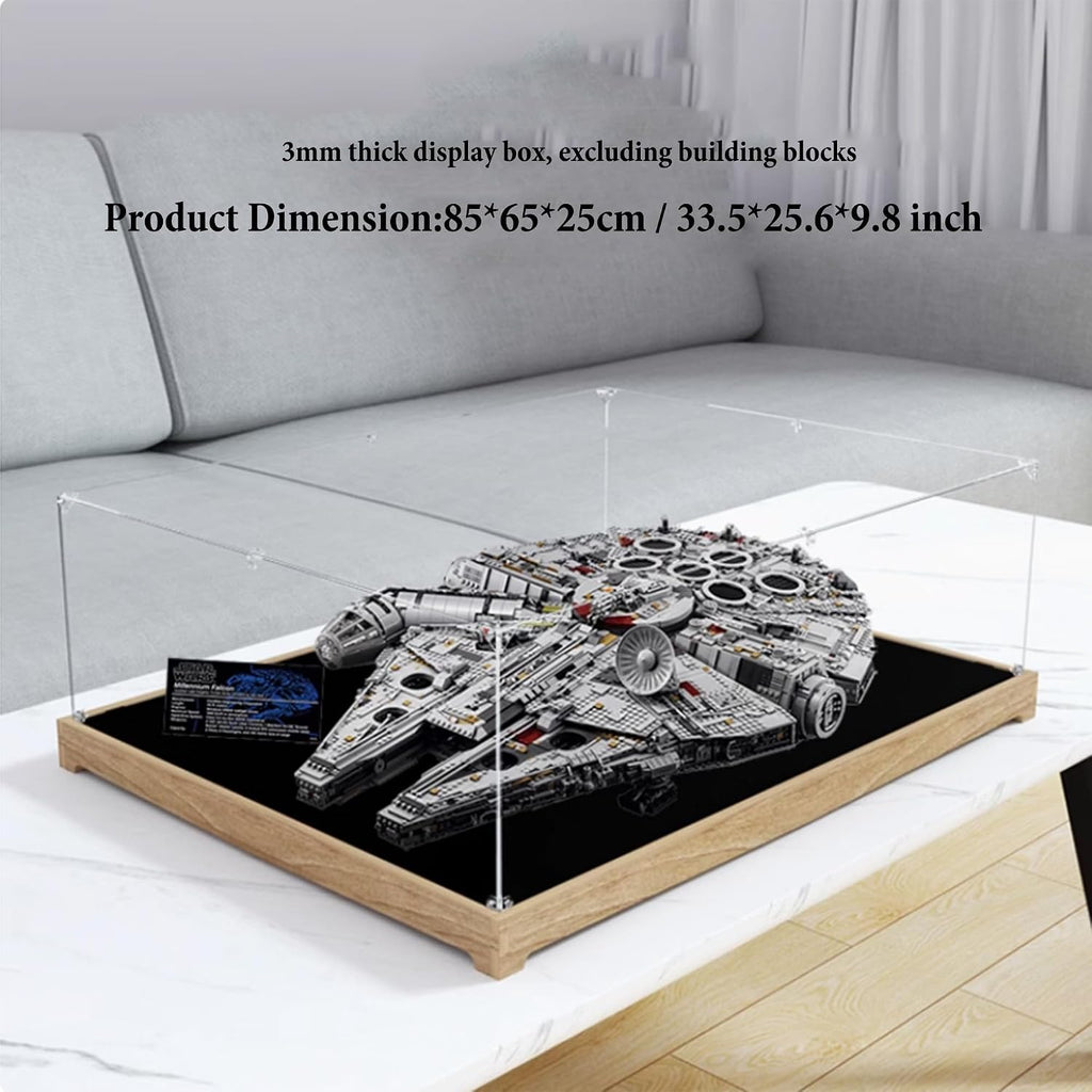 Acrylic Display Case for Lego 75192 Millennium Falcon Building Set,Clear Display Case, Dust-Proof Display Case Compatible with Lego 75192 (Only Display Case) (Flat Placement,Wooden Base A)