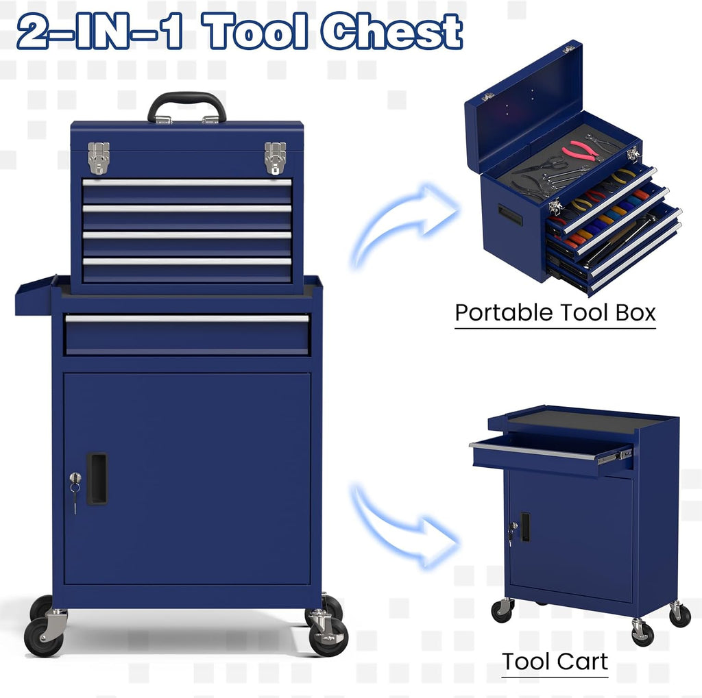 Rolling Tool Box with Wheels, 5-Drawer High Capacity Tool Chest with Wheels, Removable Storage Toolbox with Lock for Garage, Workshop
