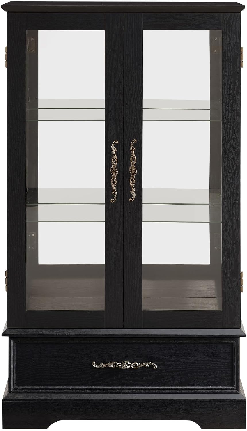 47' Lighted Glass Accent Curio Cabinet, 3-Tier Antique Storage Cage with Adjustable Shelves & Drawer, Acrylic Mirrored Pane, Light Blub Included, Small China Cabinet for Living Room/Kitchen (Black)