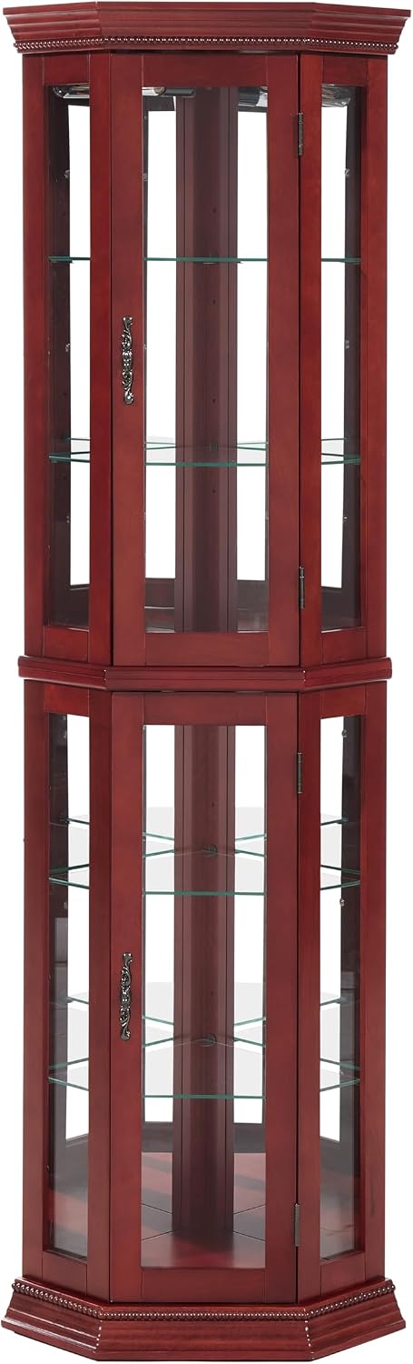 Ball & Cast 70' H Lighted Corner Curio Cabinet, Glass Display Cabinet with 6 Tempered Adjustable Glass Shelves and Doors,Include Light Bulb, Rack for Living Room,Cherry