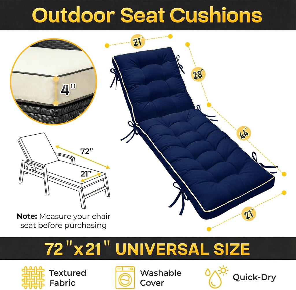 2 Pack 72x21 Inch Folding Chaise Lounge Cushion Quick Dry - Outdoor Sun Lounger Seat Pad with Shredded Foam for Patio Furniture, Deck Chairs, Poolside (Blue, 72 INCH × 21 INCH-2 Pack)