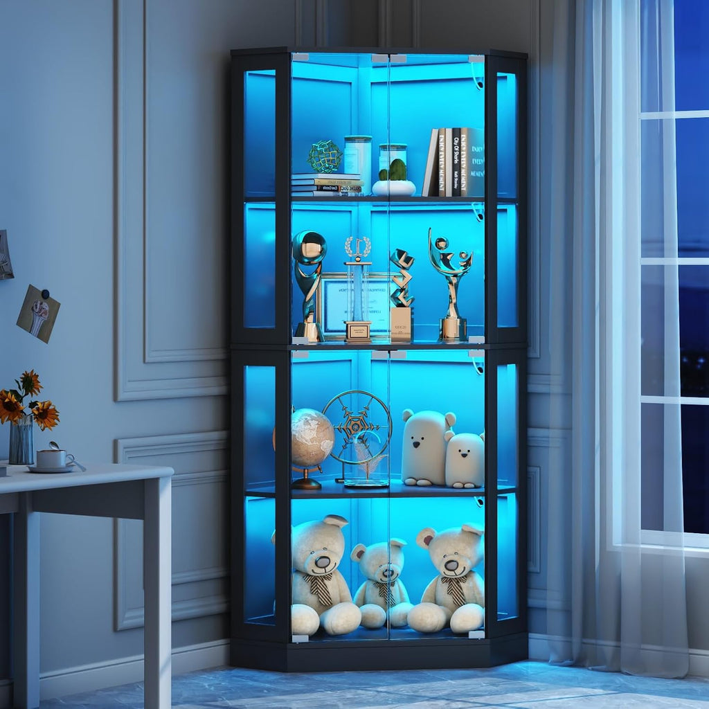 Gyfimoie Corner Display Cabinet with Multi-Color LED Lights, Modern Curio Cabinet with Glass Doors, 4 Tier Glass Display Case for Toys, Books & Other Collectibles