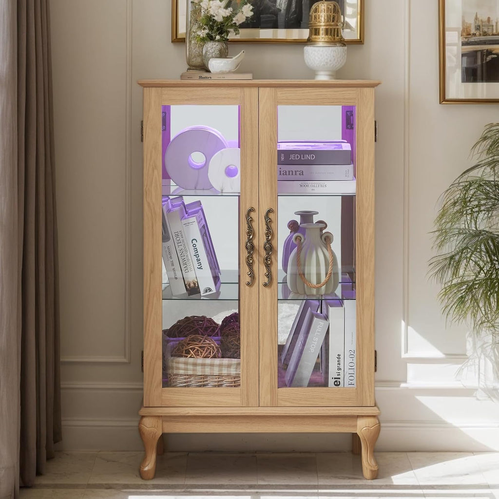 44' Small LED Glass Accent Curio Cabinet, Vintage China Cage with 2 Tempered Glass Doors & Adjustable Shelves, Acrylic Mirrored Pane, Elegant Wine Artwork Showcase for Living Room/Kitchen (Oak - LED)