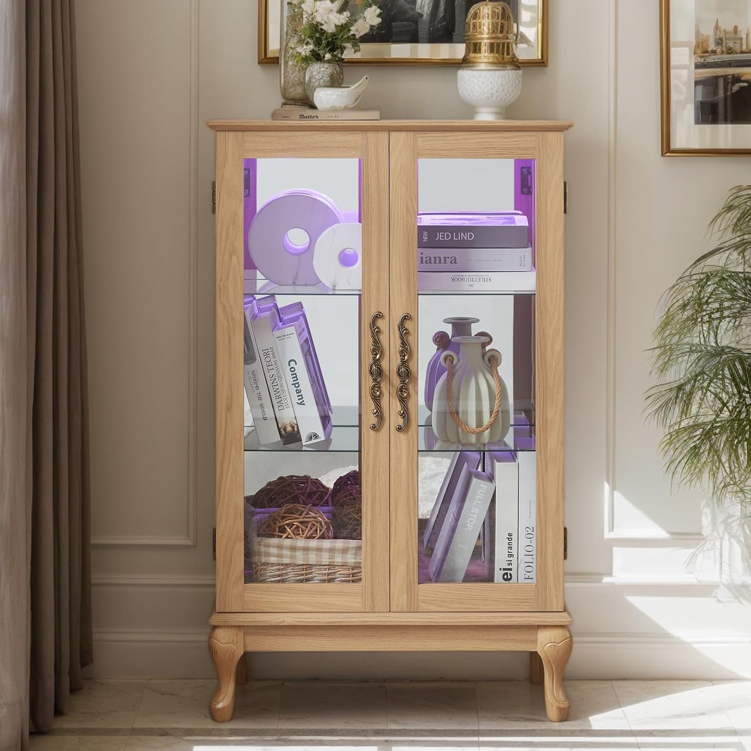 44' Small LED Glass Accent Curio Cabinet, Vintage China Cage with 2 Tempered Glass Doors & Adjustable Shelves, Acrylic Mirrored Pane, Elegant Wine Artwork Showcase for Living Room/Kitchen (Oak - LED)