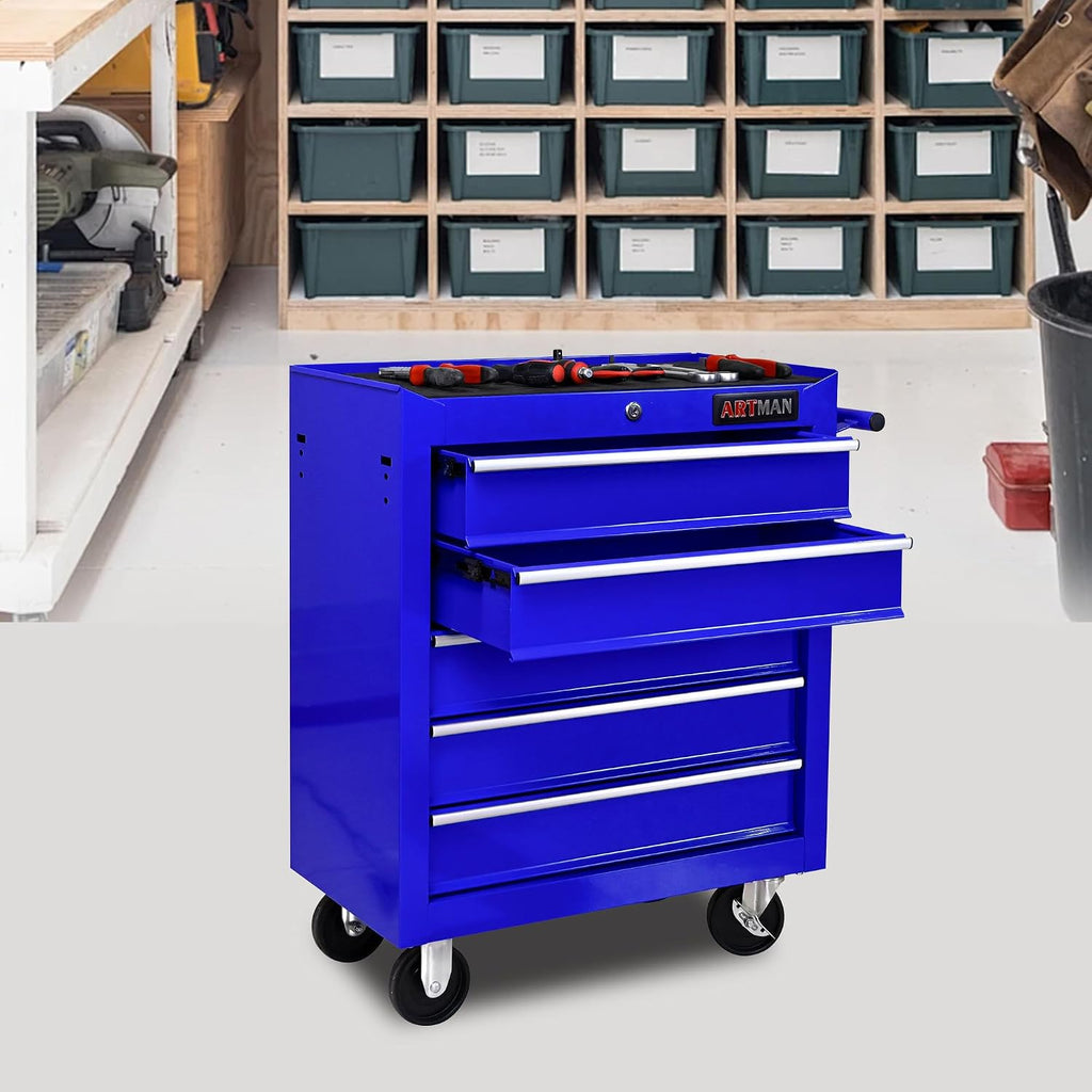 5 Drawers Tool Cart on Wheels, 5 Drawer Rolling Tool Chest with Key Lock, Trolley Organizer Tool Case, Multifunctional Rolling Tool Box for Garage,Warehouse,Workshop,Repair Shop (Blue)