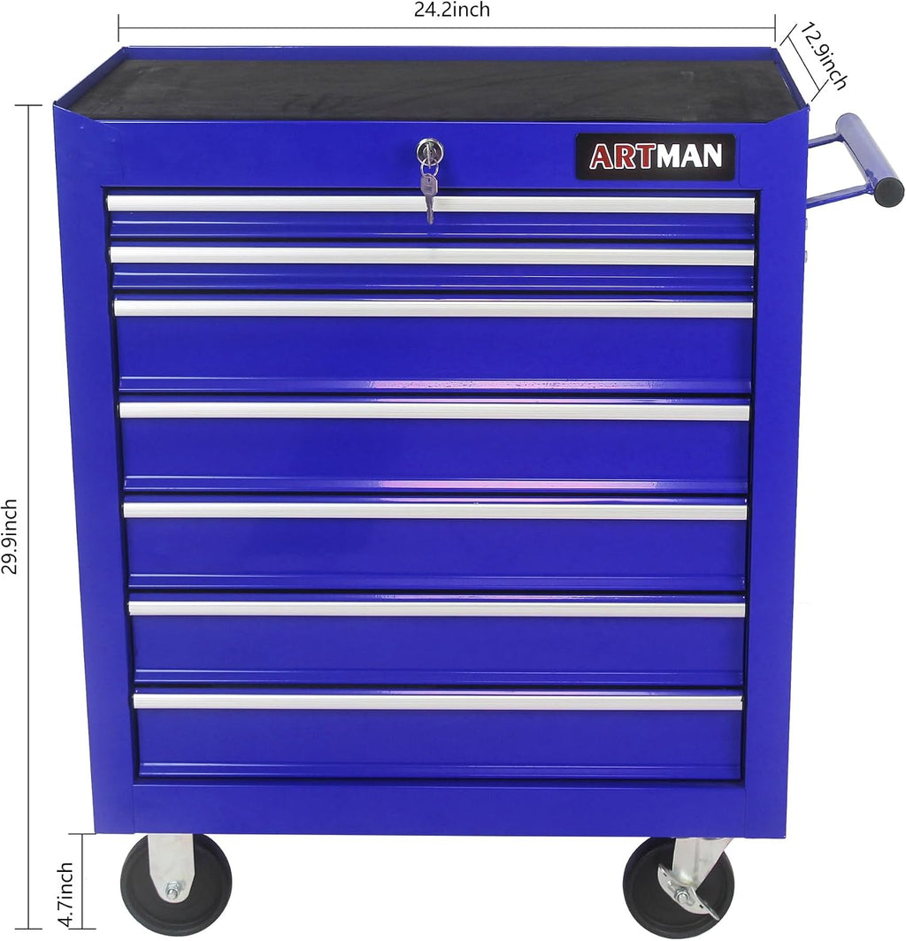 Rolling Tool Cart with 7 Drawers, Lockable Heavy-Duty Steel Tool Cabinet on Wheels, 300 lb Capacity, Ball-Bearing Slides, Powder-Coated Finish, Garage Workshop Tool Storage Blue
