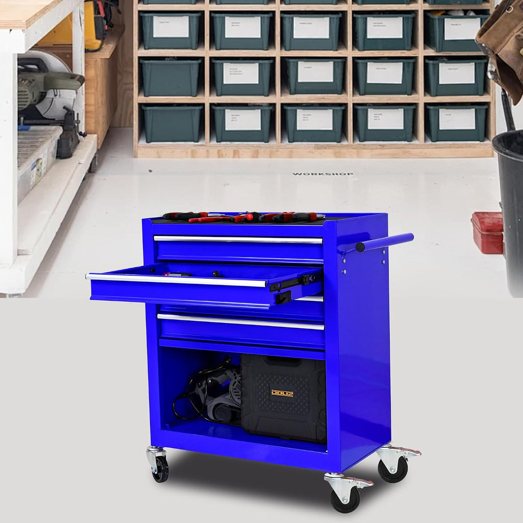 4 Drawers Tool Cart on Wheels, 4 Drawer Rolling Tool Chest, Trolley Organizer Tool Box Tool Case with 1 Cabinet, Multifunctional Tools Case for Garage,Warehouse,Workshop,Repair Shop (Blue)