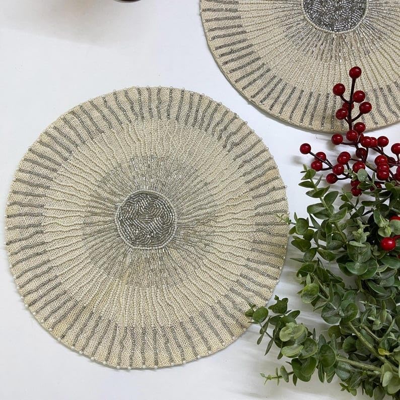 Set of a Handmade Beaded Burlap Table Runner and 6 placemats, Silver, and White Bead