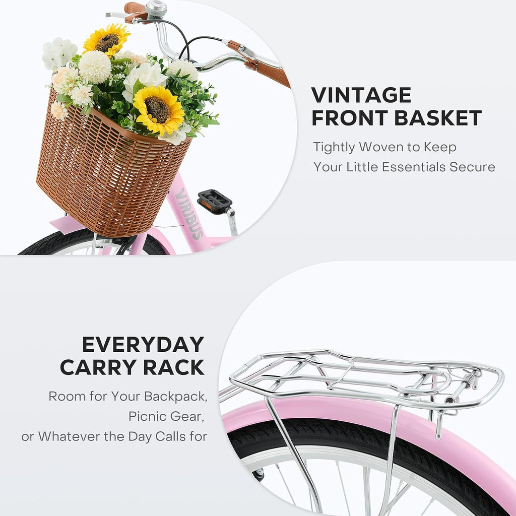 VIRIBUS Beach Cruiser Bike for Women, Single Speed Womens Bike with Basket & Rack 24 26 inch, Retro Step Through Cruiser Bicycle for Petite Short Women Female Ladies City Commuter, 330 lb.