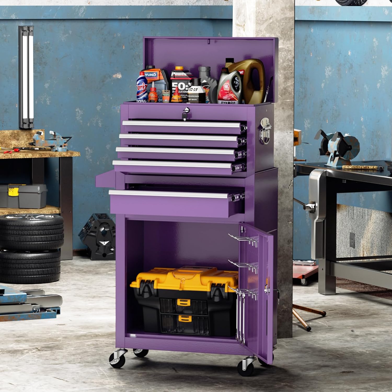 Incbruce Metal Rolling Tool Chest with 5 Drawers, 2 in 1 Detachable Garage Tool Box for Warehouse and Workshop (Purple)