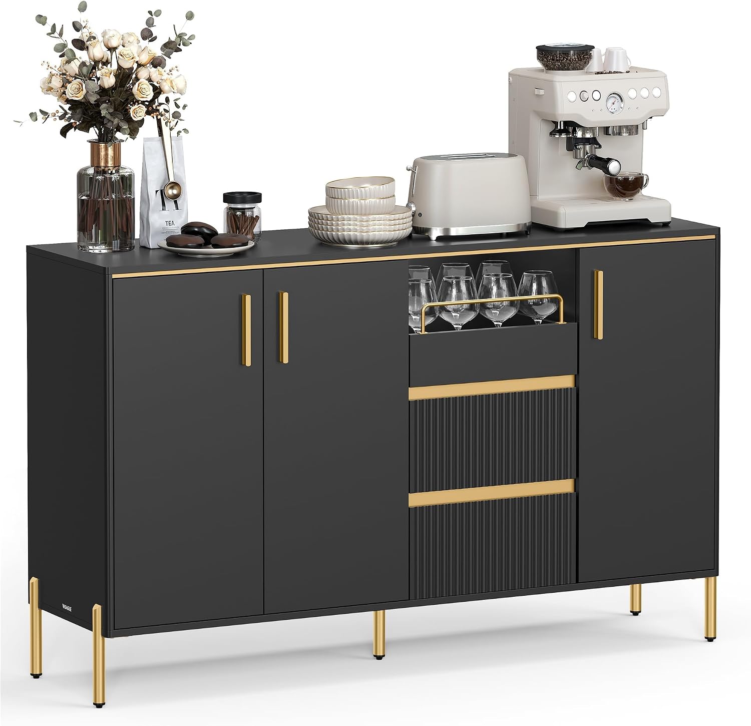 VASAGLE Buffet Cabinet with Storage, Sideboard, Kitchen Cabinet with Drawers, Adjustable Shelf, Fluted Drawer Front, for Living Room, Modern, Ink Black UBBC691B01