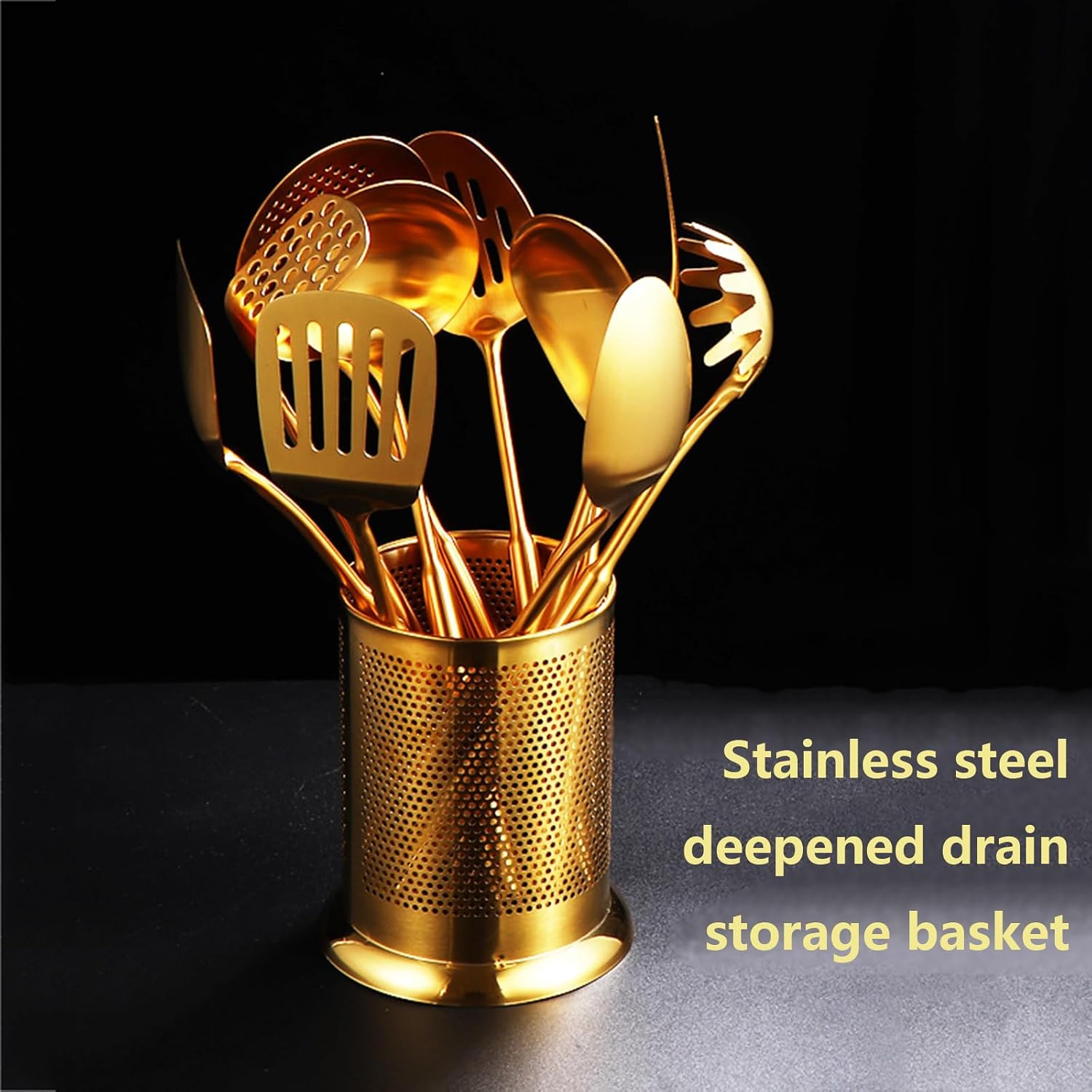 Gold Kitchen Utensils Set Dishwasher Safe with Utensil Storage Bucket 11 Piece Kitchenware Cookware Set Stainless Steel Cooking Utensils Set Stainless Steel with Heat Resistant Handle