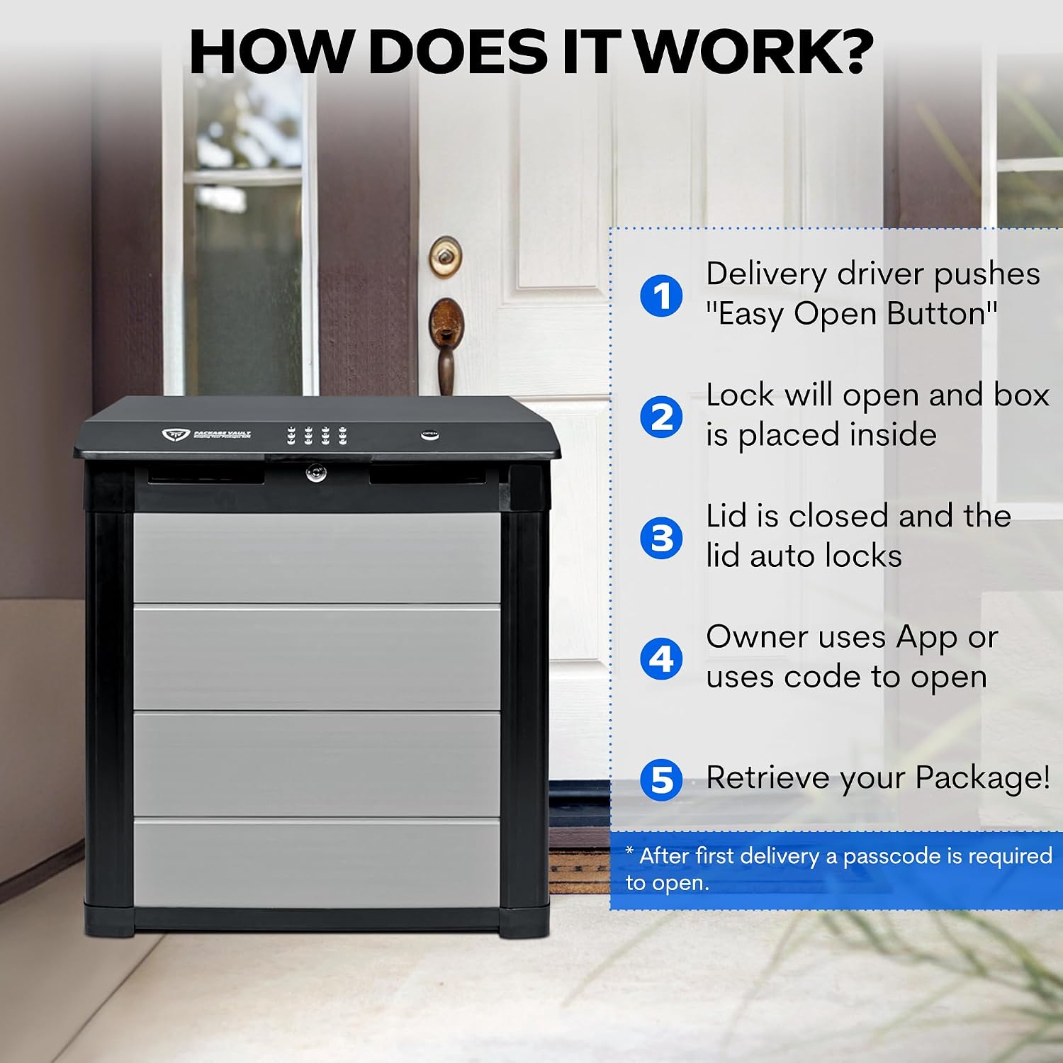 Package Vault- Robust Large Smart Delivery Lock Box 'Package Theft Prevention' with a Smart Bluetooth Lock, Great for Outdoor Patios and Porches to Keep Your Packages and Deliveries Safe