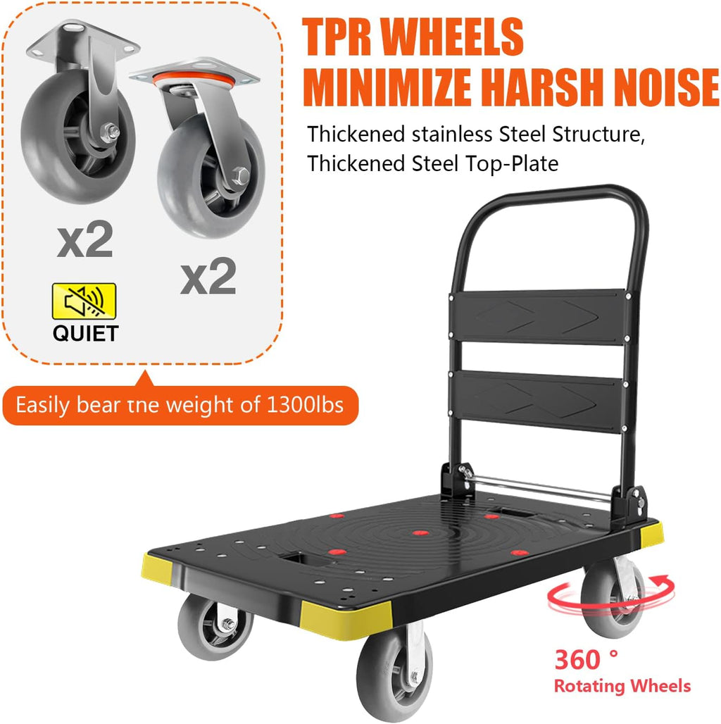Chinco Star Folding Push Cart Dolly - 1300LBS Heavy Duty Portable Moving Dolly with 360 Swivel 6'' Wheels (35L x24W x40H in)