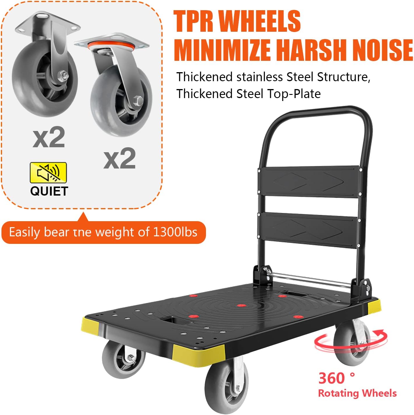 Chinco Star Folding Push Cart Dolly - 1300LBS Heavy Duty Portable Moving Dolly with 360 Swivel 6'' Wheels (35L x24W x40H in)