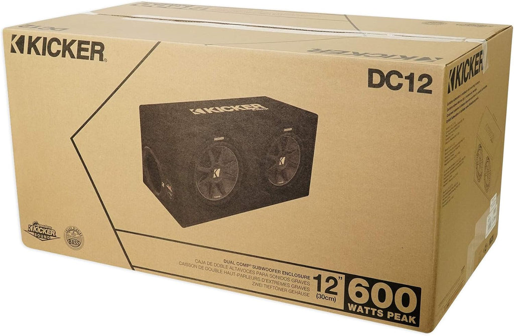 Kicker 43DC122 Comp Dual 12' Subwoofers in Vented Sub Box Enclosure, 2-Ohm Bundle with Rockville dB11 1400W Peak Mono 2-Ohm Car Amp and Bass Remote and RWK81 8 Gauge Amp Installation Kit