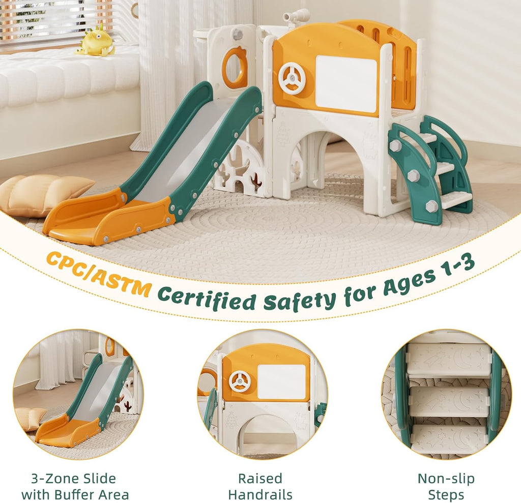 67i Indoor Toddler Slide with Drawing Board, Golf Set, Basketball Hoop - Kids Playground for 1-3 Year Olds, Non-Slip Steps & Storage Space (Green Yellow)