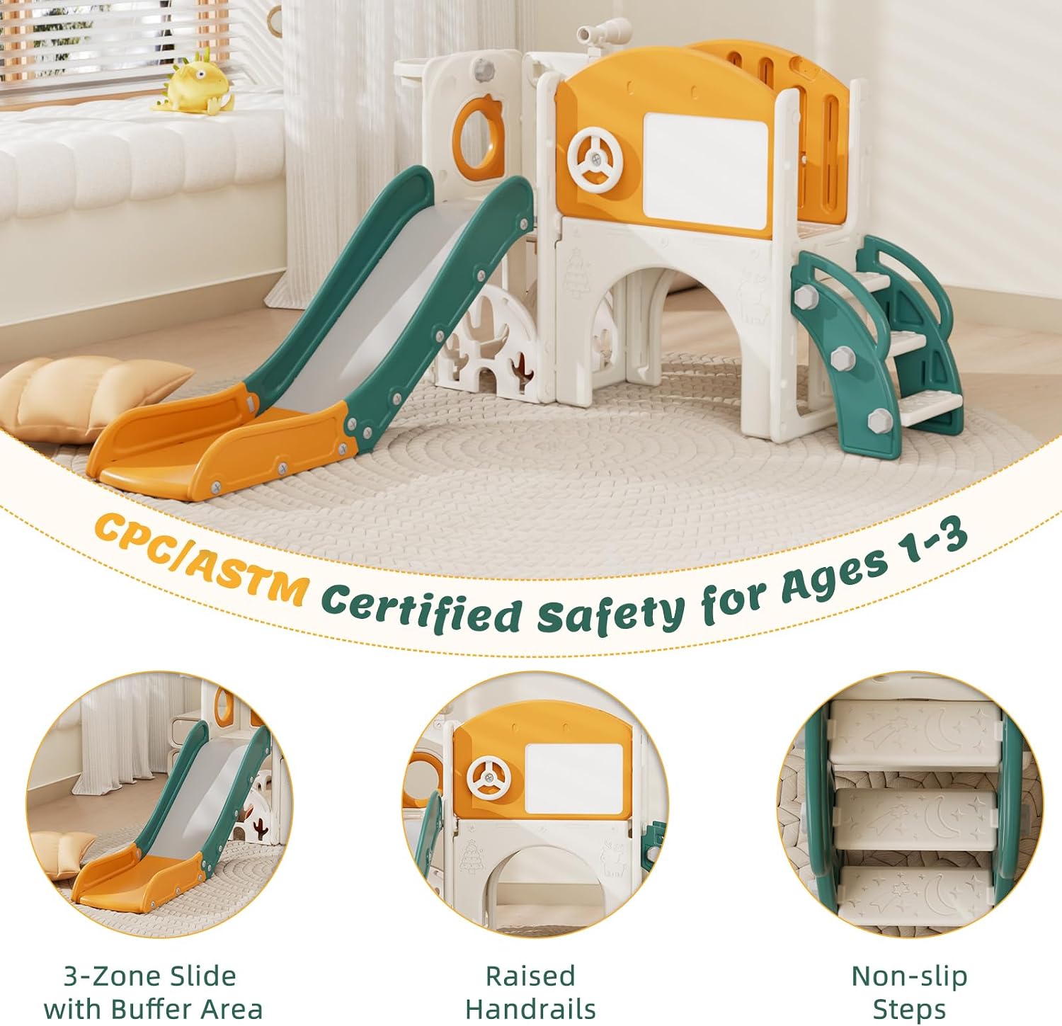 67i Indoor Toddler Slide with Drawing Board, Golf Set, Basketball Hoop - Kids Playground for 1-3 Year Olds, Non-Slip Steps & Storage Space (Green Yellow)