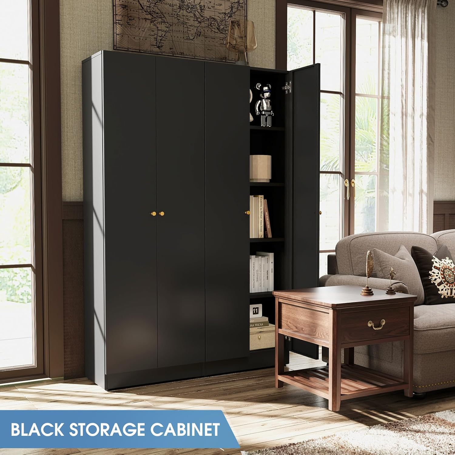 IRONMIX Metal Bookshelf with Doors, Tall Bookcase with Adjustable Shelves, 5-Tier Book Case Shelf Storage Organizer Storage Cabinet for Home Office Living Room