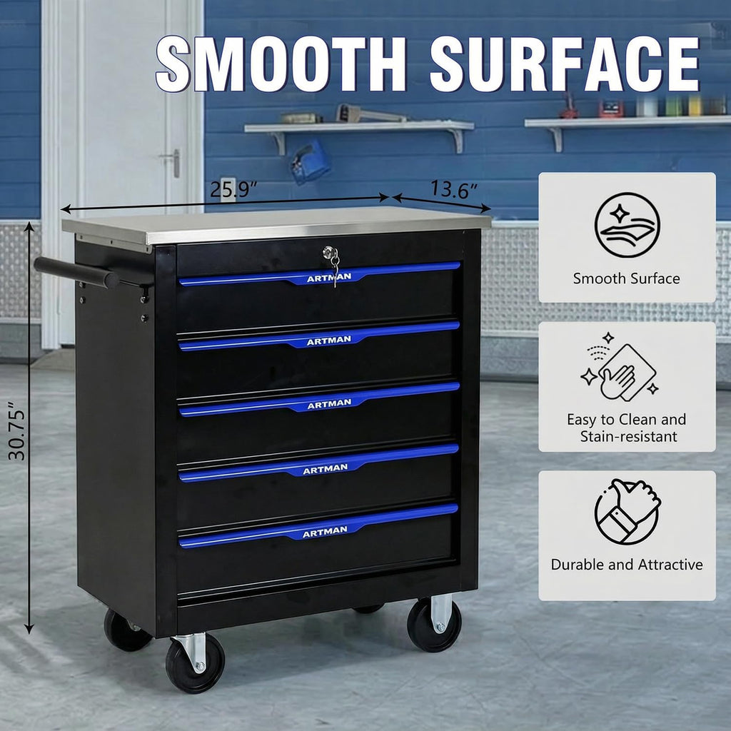 5-Drawer Rolling Tool Chest with Stainless Steel Countertop,Tool Chest with Secure Locking System,Mobile Storage Tool Cabinet with 360°Wheels and Padded Feet,for Home,Garage (Black+Blue)