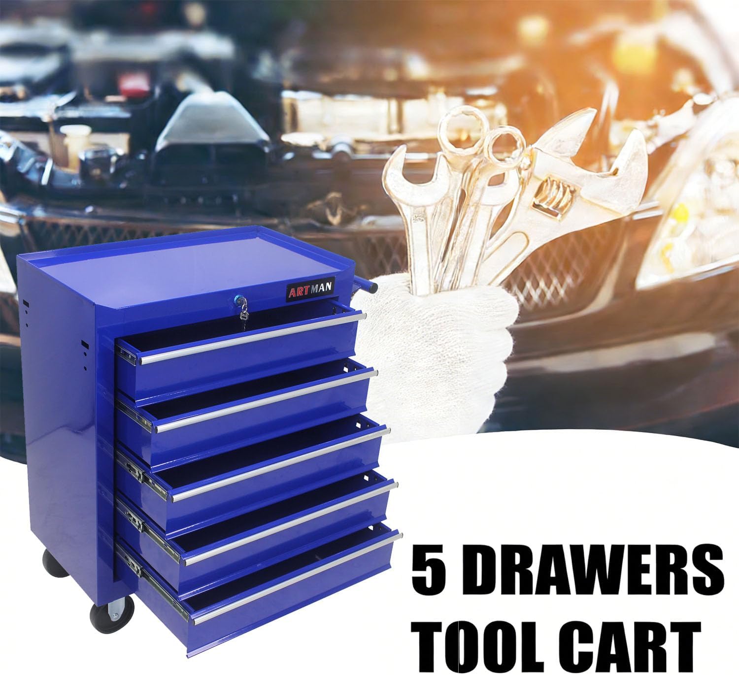 5-Drawer Tool Cart on Wheels, Drawers Rolling Tool Chest with Key Lock, Mobile Trolley Organizer Tools Box with Locking Wheels & Ball Bearing Drawers for Garage,Warehouse,Repair Shop (Blue)