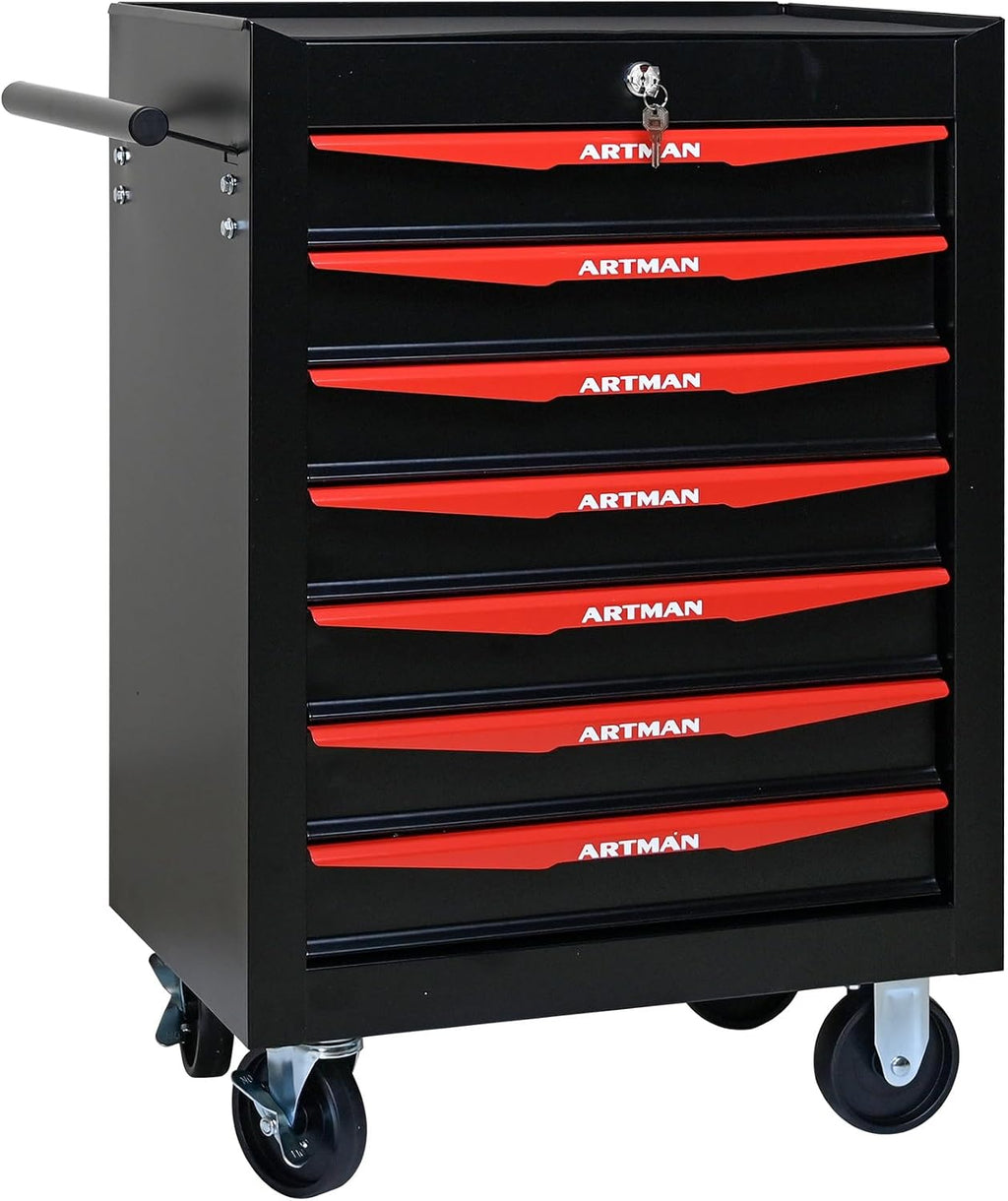 Rolling Metal Tool Chest with 7 Drawers – 20' Steel Tool Storage Box Organizer with Ball Bearing Slides & Lockable Mobile Cabinet on Wheels(Black+Red)