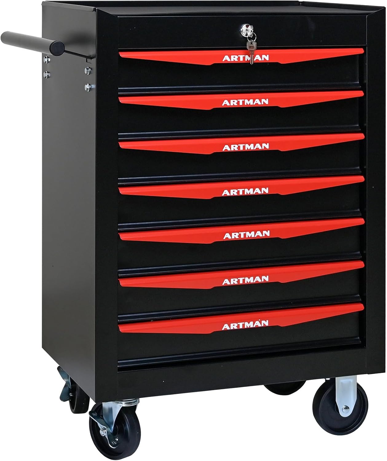Rolling Metal Tool Chest with 7 Drawers – 20' Steel Tool Storage Box Organizer with Ball Bearing Slides & Lockable Mobile Cabinet on Wheels(Black+Red)