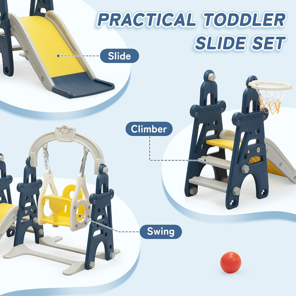 3-in-1 Kids Slide for Toddlers Age 1-3 Slide and Swing Set,Indoor Playground for Children,Freestanding Outdoor Slides with Basketball Hoop,Outside Climber Playhouses,Baby Climbing Toys Blue