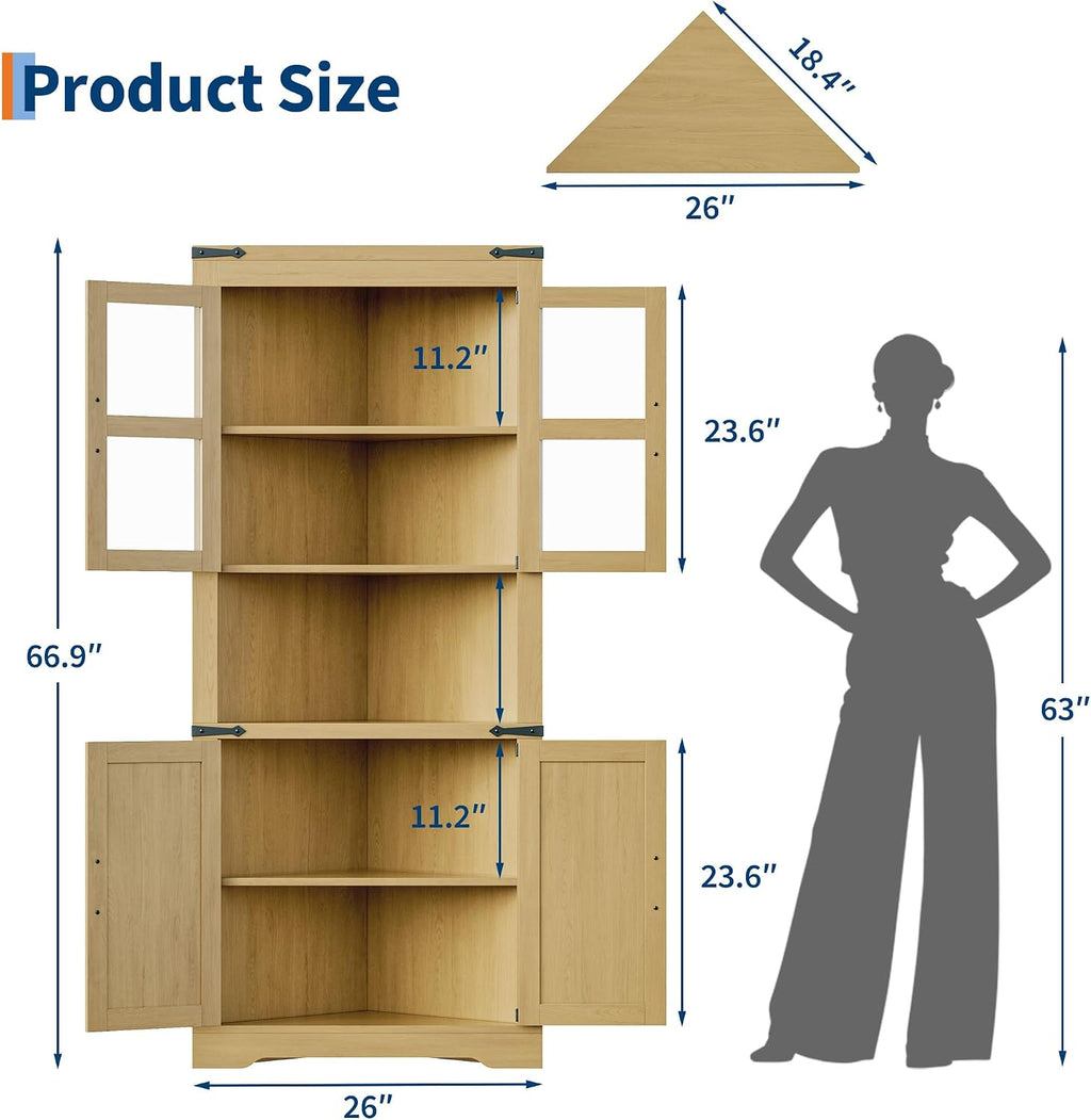 GarveeHome 67' Tall Corner Storage Cabinet, Farmhouse Corner Hutch Display Cabinet with Glass Doors, Wooden Storage Organizer for Kitchen, Living Room, Bathroom, Natural
