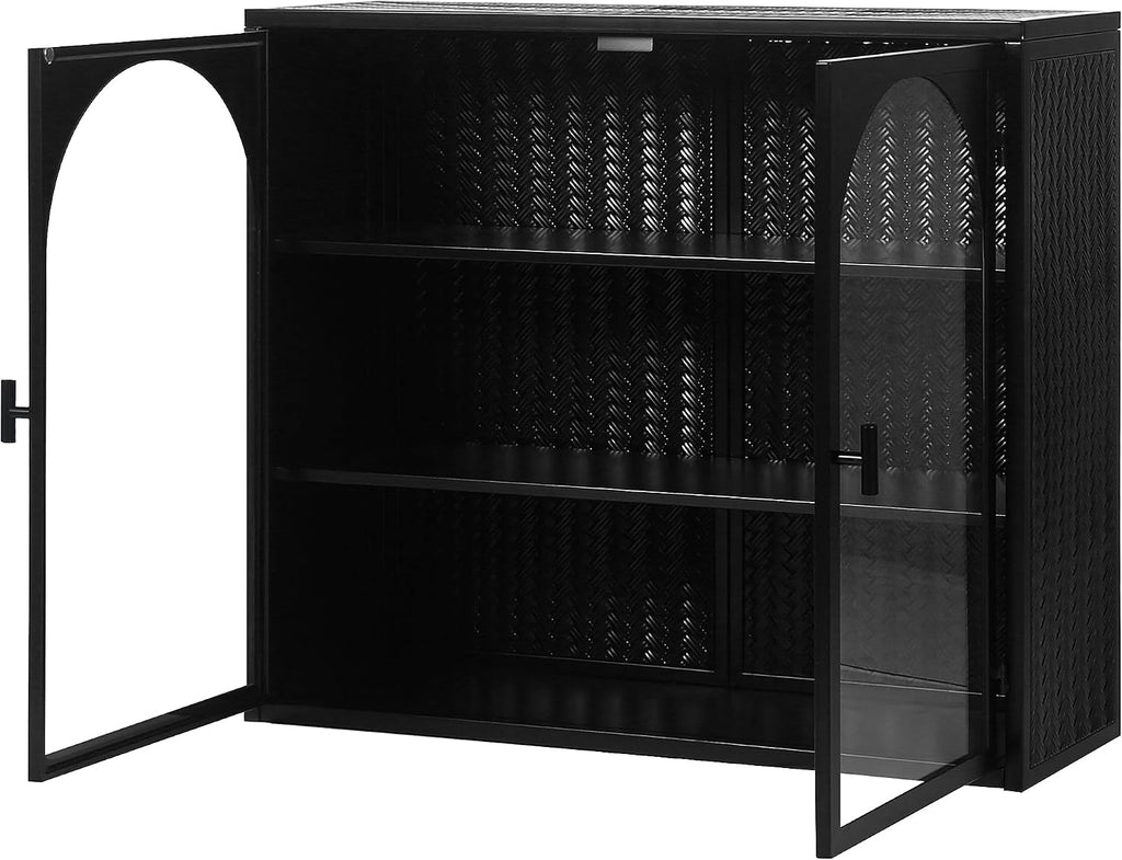 Retro Style Haze Double Glass Door Wall Cabinet with Detachable Shelves for Office, Dining Room,Living Room, Kitchen and Bathroom Mint Black