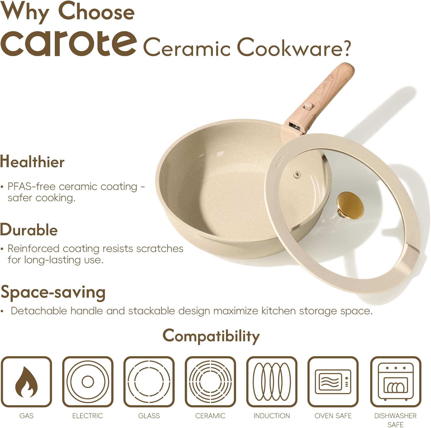 CAROTE 25PCS Ceramic Cookware Set, Pots and Pans set Non Stick, RV Kitchen Cooking Set Removable Handles, Oven Safe, Induction Cookware, Non-toxic Kitchen Cooking Set, PFAS and PFOA Free
