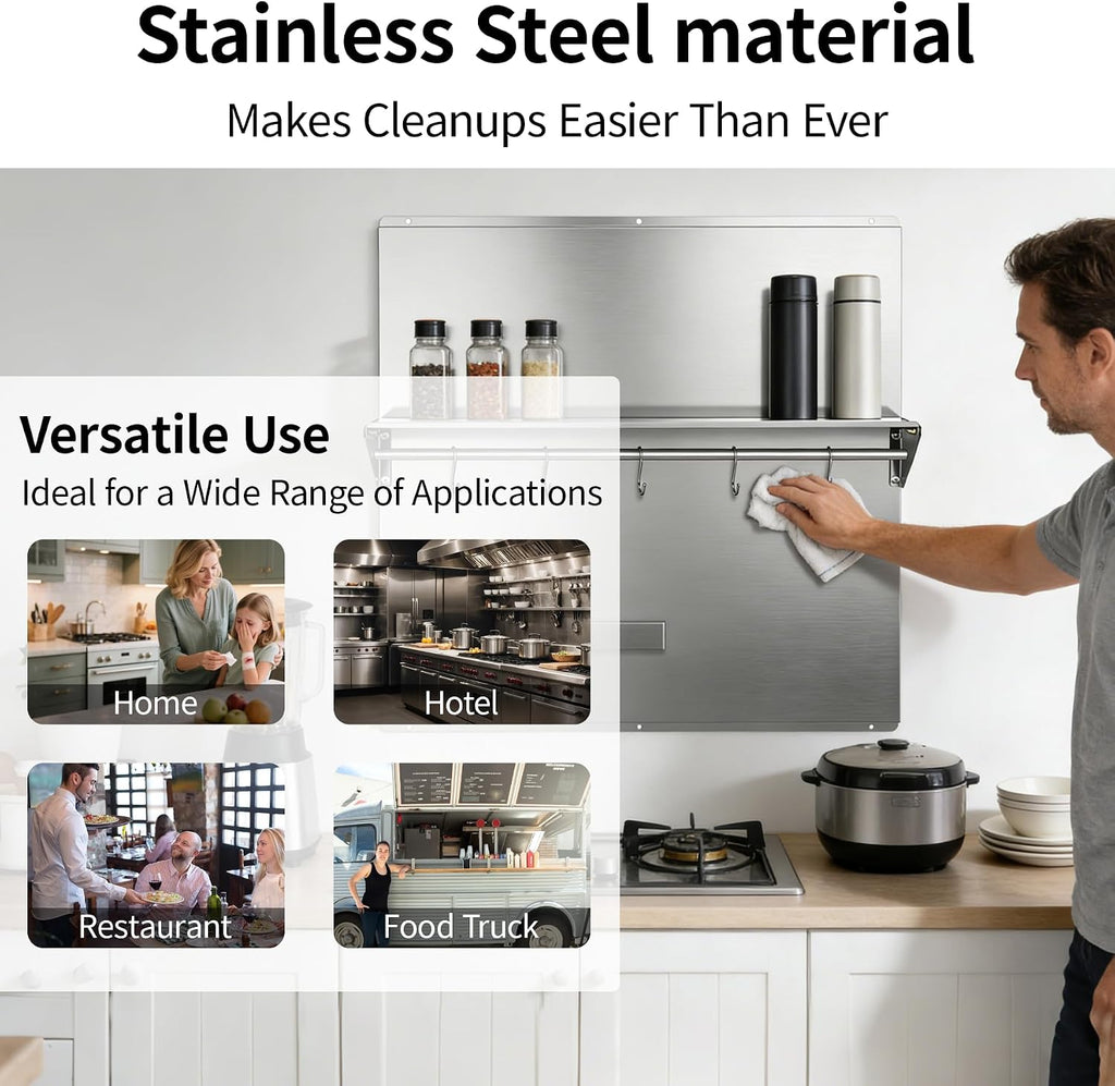 Range Backsplash – 30'x30' 304 Stainless Steel Backsplash with Storage Shelf & Magnetic Knife Holder, Stove Backsplash for Kitchen Wall Protection, Pre-Drilled Holes for Easy Installation & Easy Clean