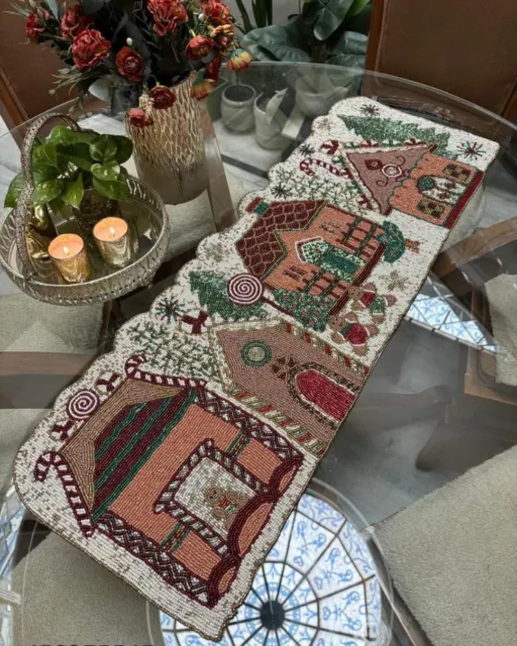 Beaded Table Runner, Christmas Gingerbread House Design, Holiday Winter Theme, Decorative Accent
