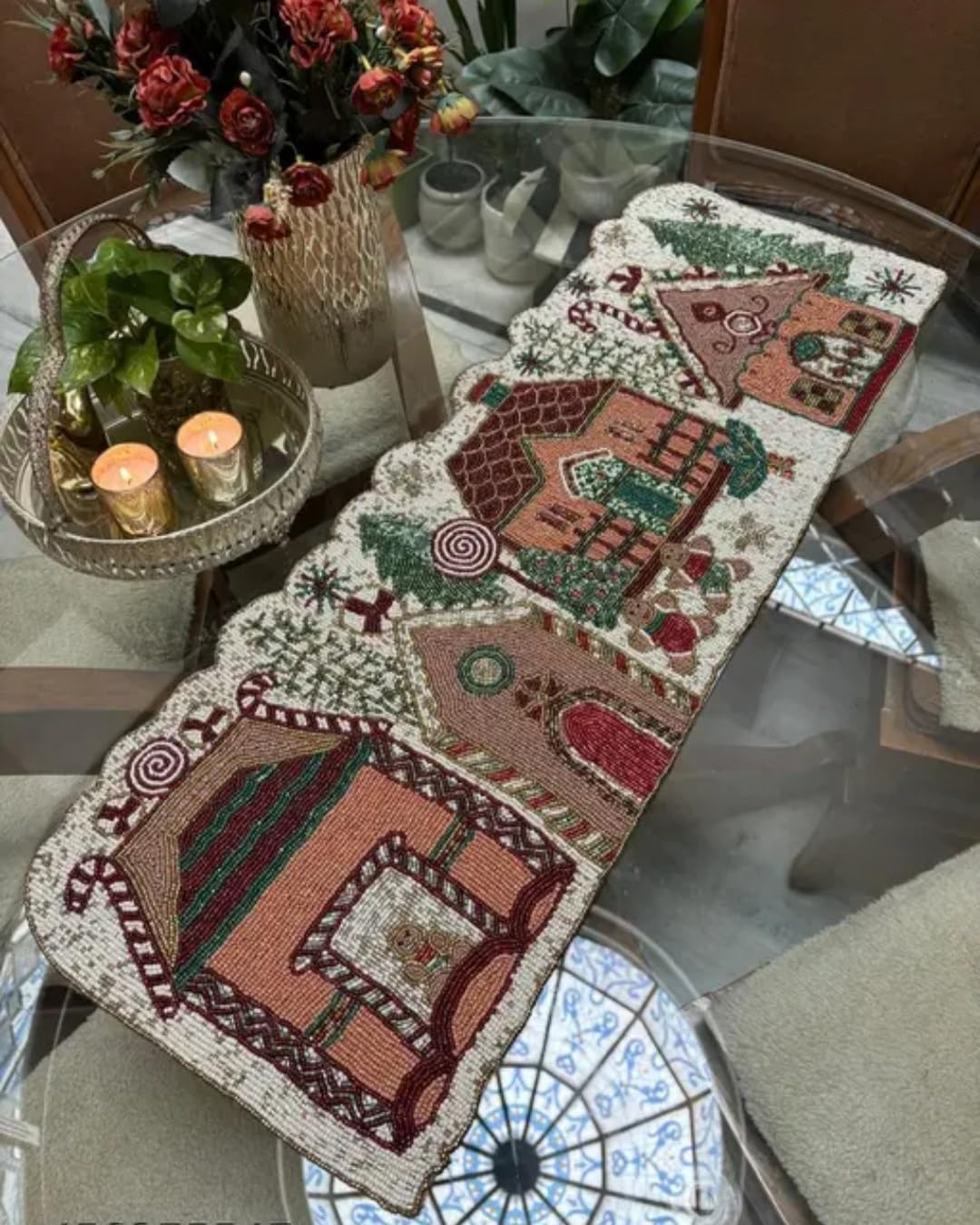 Beaded Table Runner, Christmas Gingerbread House Design, Holiday Winter Theme, Decorative Accent