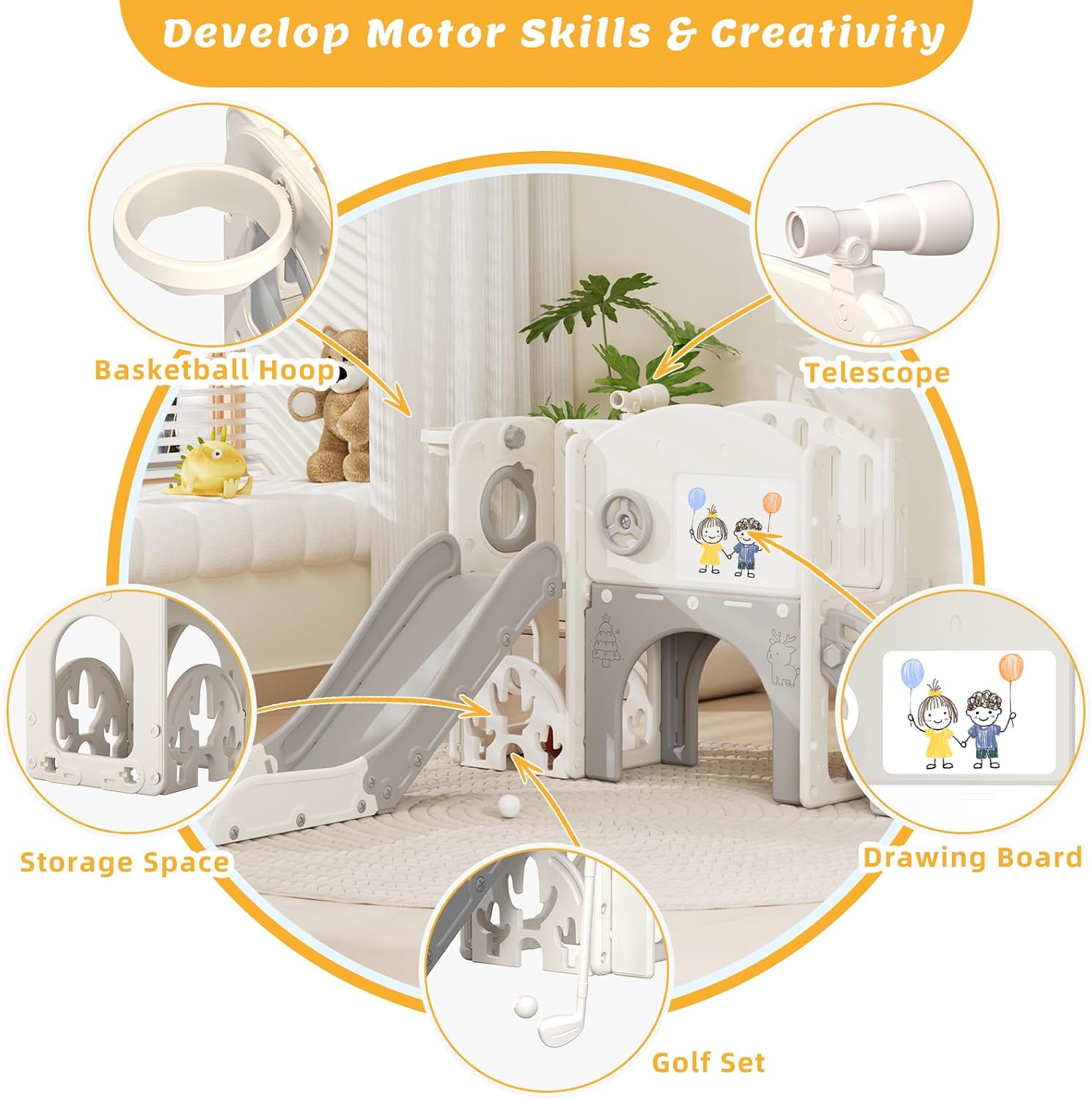 67i Indoor Toddler Slide with Drawing Board, Golf Set, Basketball Hoop - Kids Playground for 1-3 Year Olds, Non-Slip Steps & Storage Space (White Gray)