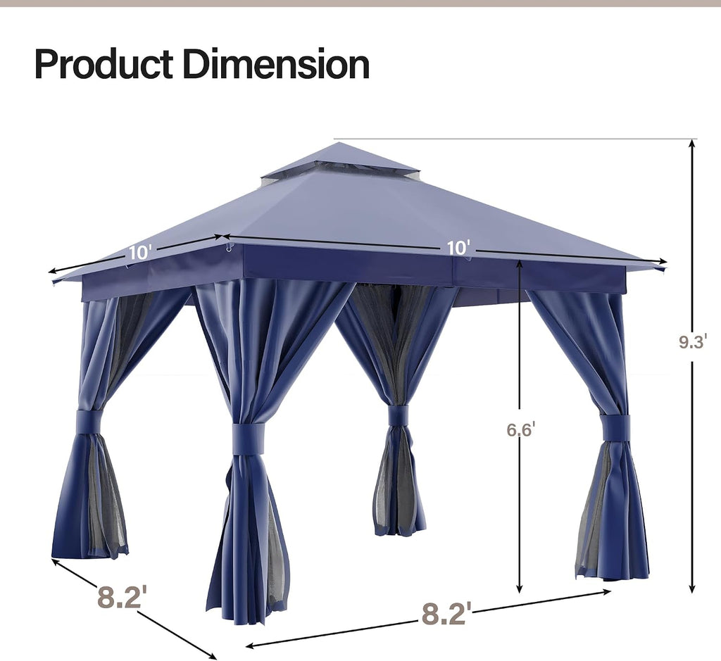 LAUSAINT HOME Patio Gazebo 10'x10', Outdoor Heavy Duty Party Tent Shelter with Double Roofs, Mosquito Nettings and Privacy Screens for Backyard, Garden, Lawn, Navy Blue