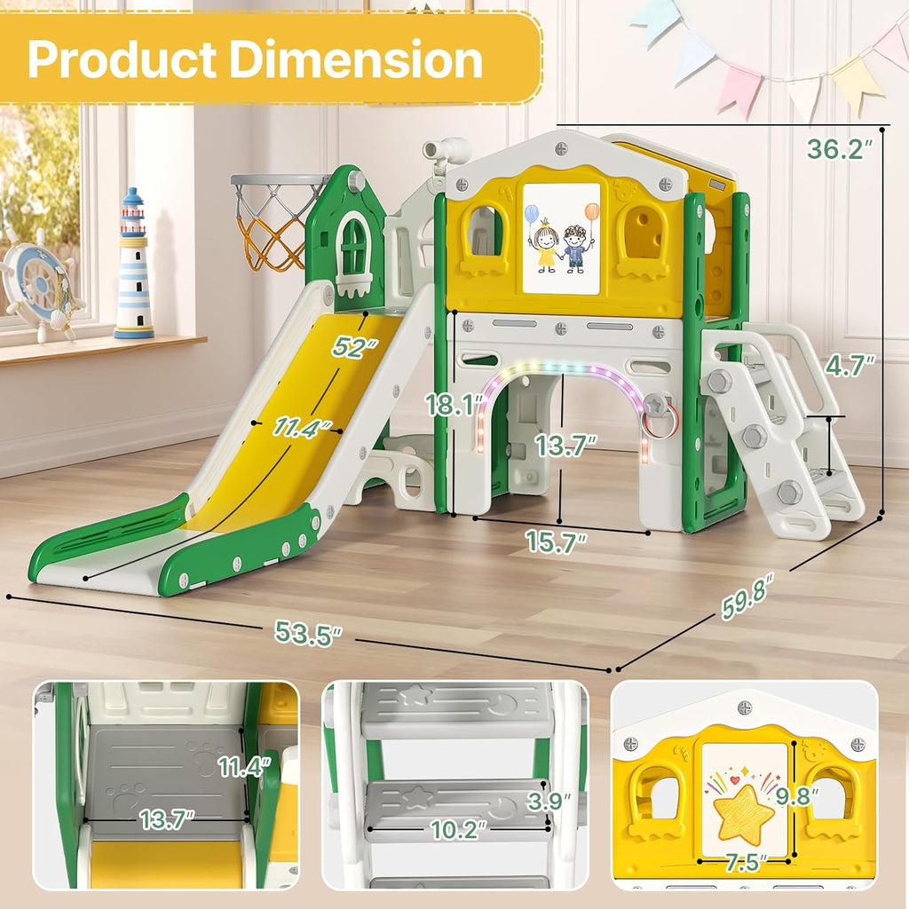 BIERUM 9 in 1 Toddler Slide Set - Baby Slide for Toddlers 1-3 with Colorful Lights, Drawing Board and Building Blocks Board, Indoor Outdoor Toddler Playset Playground, Green Yellow