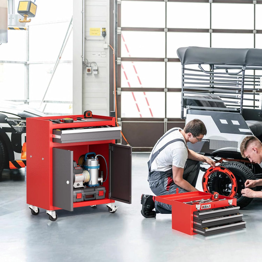 Tool Box with Wheels,4 Drawer 39' Large Tool Chest,Detachable Top Metal Rolling Tool Box,Garage Tool Cabinet with Lock and 360° Rotating Wheels,Red
