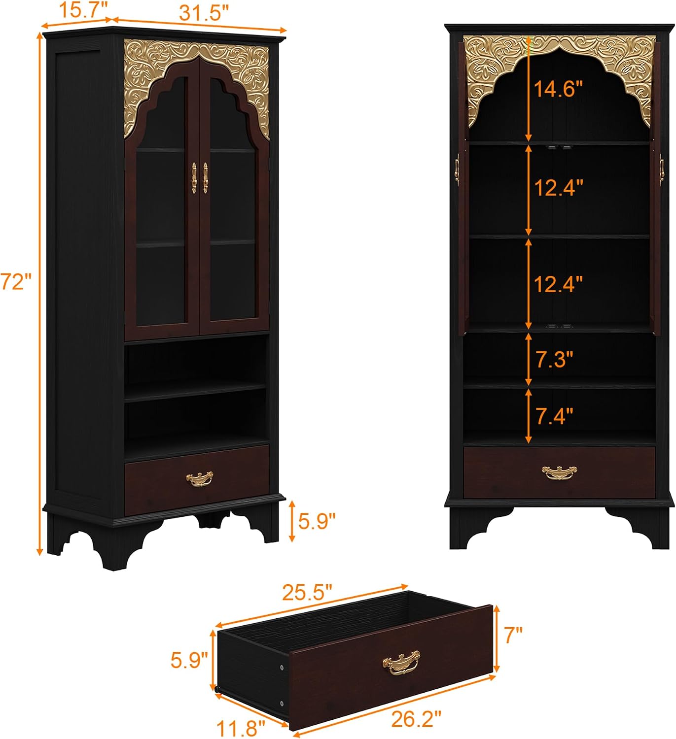 Carved Storage Cabinet with 2 Glass Doors & Drawer, Pooja Mandir with 5-Tier Shelves, Gold Accents, Decorative Cabinet Display Cabinets for Living Room Black and Brown(31.5'W x 15.7'D x 71.8'H)