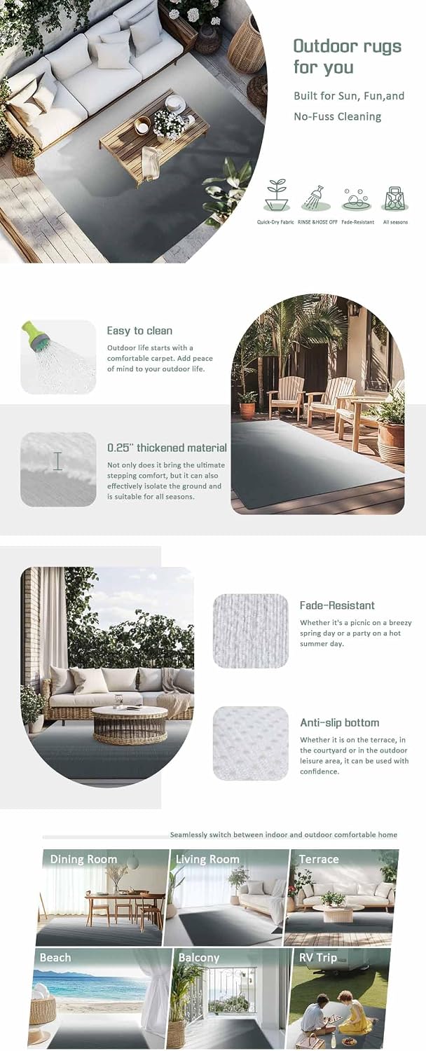 Outdoor Rug 4x6ft Abstract Ombre Grey Patio Area Rugs Waterproof Easy Cleaning Non Shedding Thick Mats Art Carpet for Indoor Outdoor Porch Deck Backyard Balcony