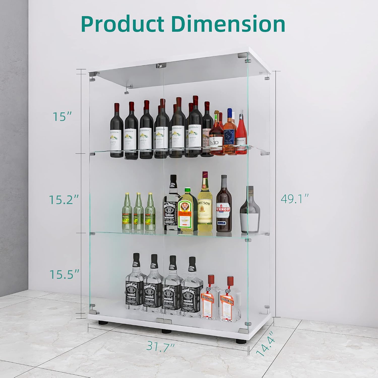 LFT HUIMEI2Y Glass Display Cabinet 3-Shelf with Double Door, Curio Cabinets Fast Installation in 30 Mins, Tempered Glass Floor Standing Bookshelf for Bedroom, Living Room 49.1'x 31.7'x 14.4' White
