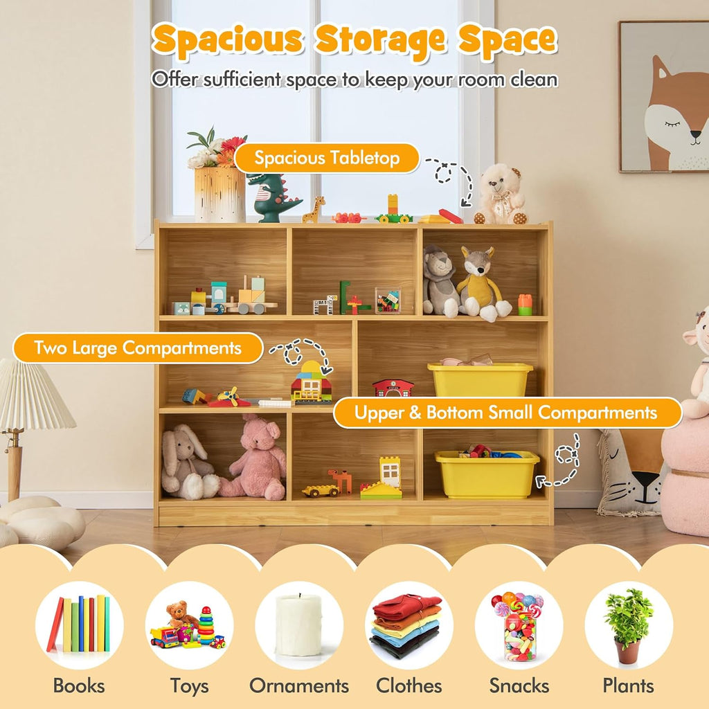 HONEY JOY Kids Toy Storage Organizer, 8-Section Storage Daycare Shelf for Preschool, Children 3-Tier Open Wooden Display Book Shelf Organizer for Classroom, Playroom & Nursery, Kindergarten(Yellow)