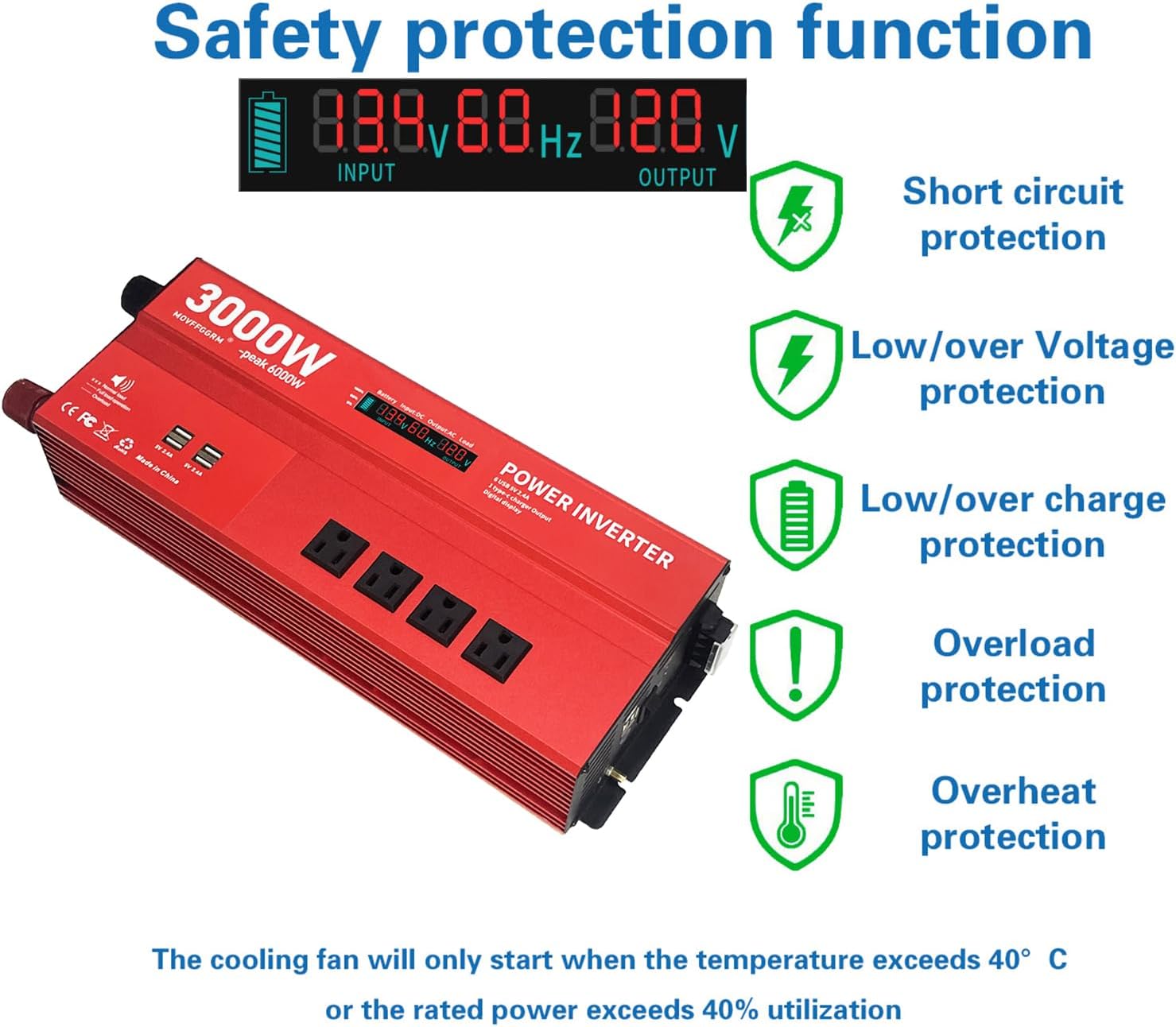 3000W 12V Power Inverter,Peak 6000W, Car/Truck/RV DC 12V to 110V 4AC Converter, 6X 2.4A USB Ports,with 18W Type-C Quick Charge Port,LCD Digital Display