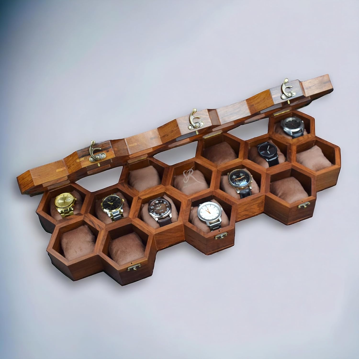 Royal Craft Expertise Hanging Wall Mounted Wooden Watch Box Organizer – 14 Slot Luxury Watch Case for Men & Women | Vintage Rosewood Honeycomb Design | Unisex Wooden Watch Storage Box