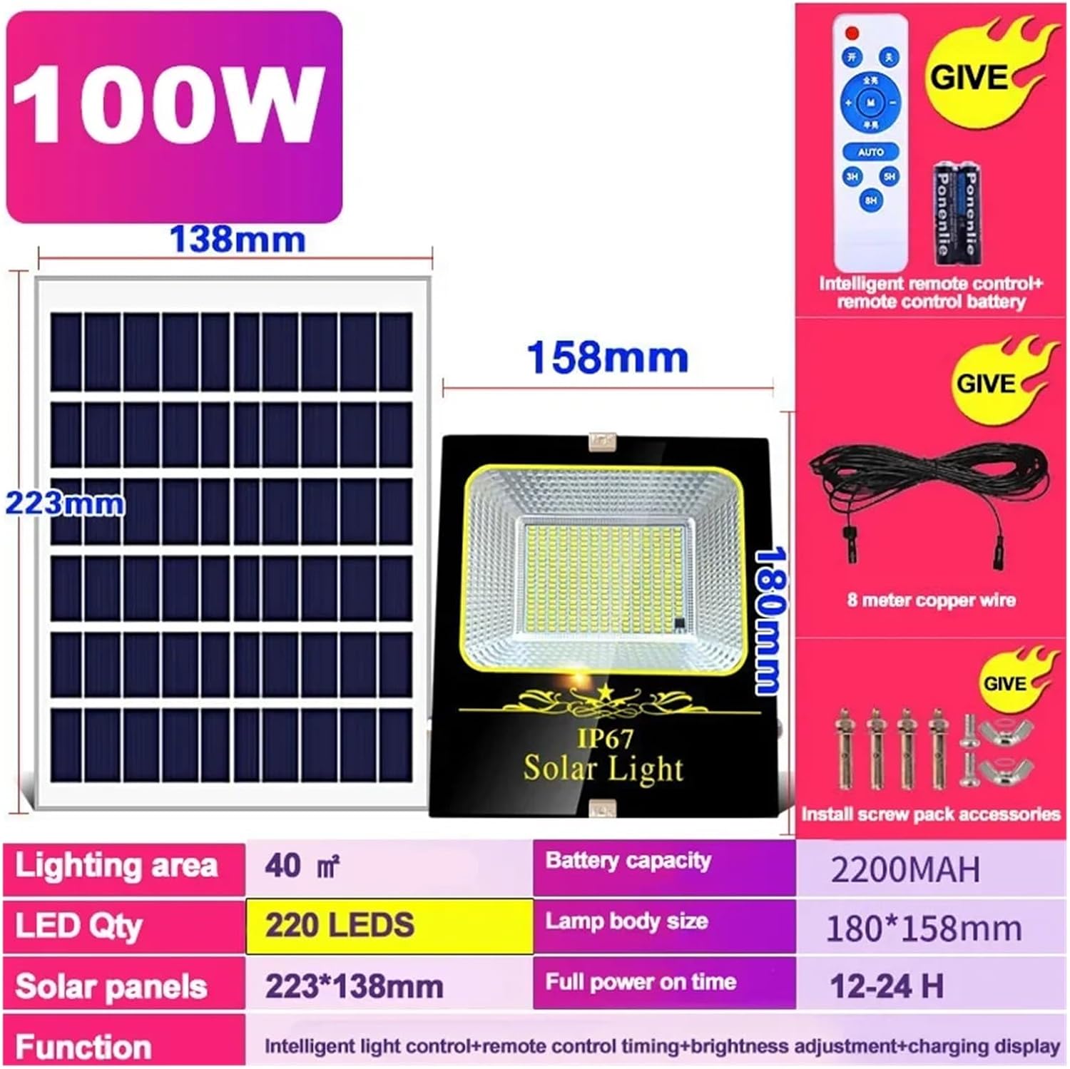 2000W Led Flood Lamp Solar Lights Outdoor Garden Led Refletor Buildings Sunlight Waterproof Lamp Spotlight Emergency Wall Light for Court,Garden,Warehouse,100W