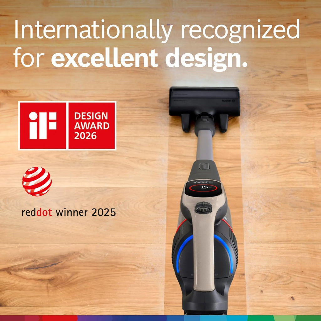 Bosch Unlimited 9 Cordless Stick Vacuum Cleaner - Up to 60 Min Battery, Fast Charger, Multi-Surface, Vacuums Pet Hair, Hard Floors and Carpets, HEPA Filter, 6 Accessories, Dark Cream