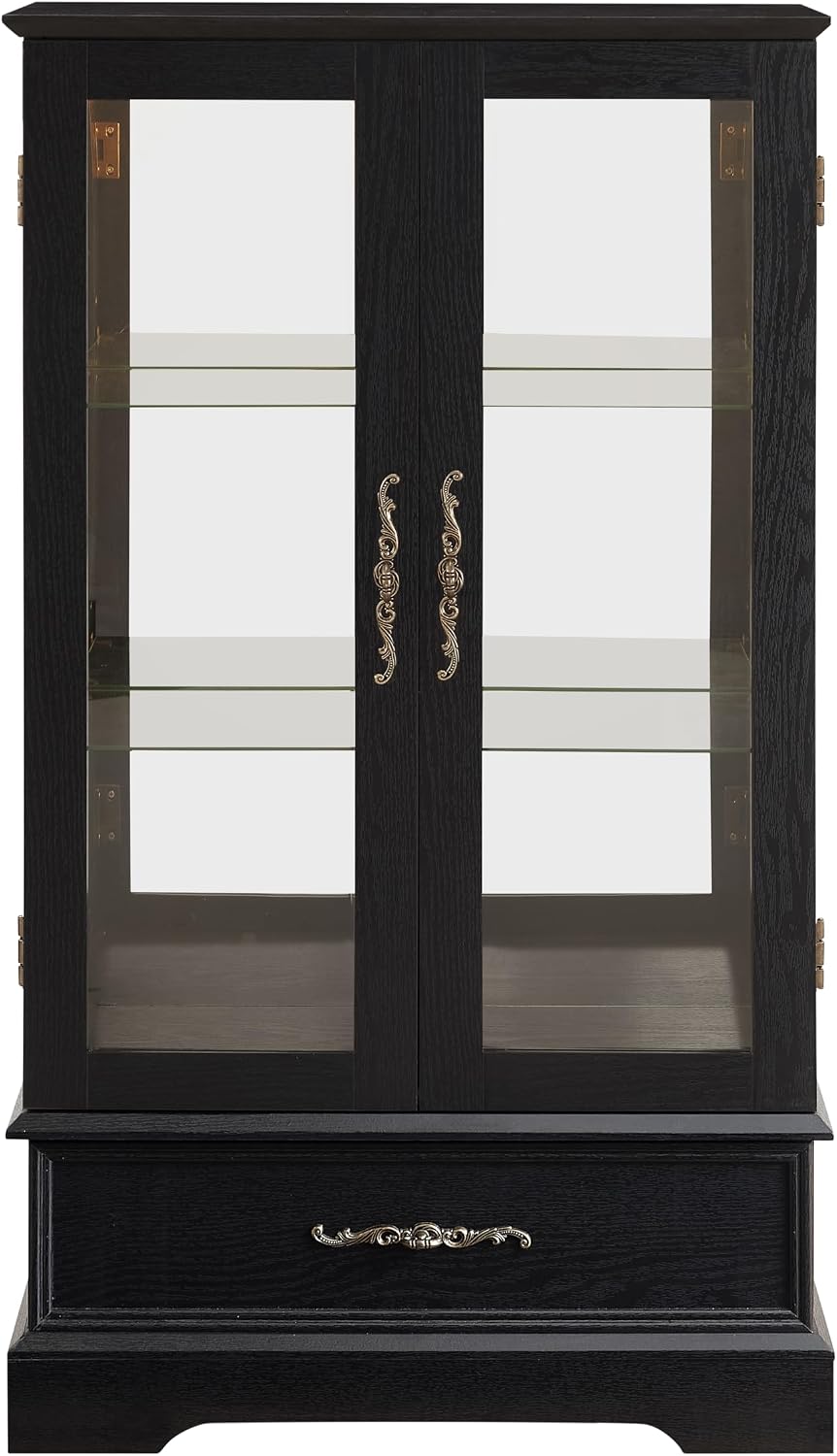 47' H Lighted Curio Cabinet Display Case, Glass Cabinet with Adjustable Shelves,Tempered Glass Door and Drawer, Wooden Curio Cabinet with Mirrored Back Pane for Living Room (Black)