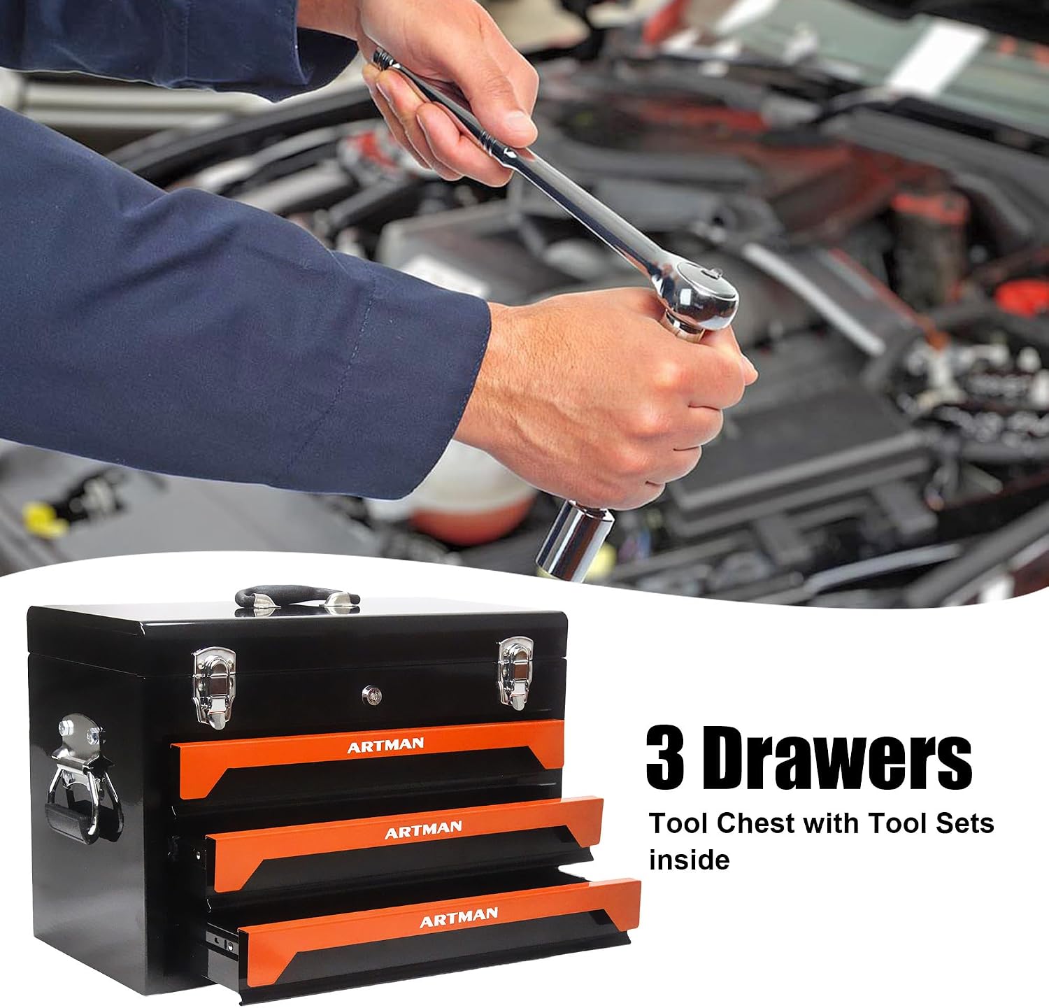 tool box with tools, tool set mechanics kit, 439 piece tool set, socket wrench set, mechanic tool set, heavy duty tool box, home tool kit, automotive tools, DIY tool set (439pcs-orange)