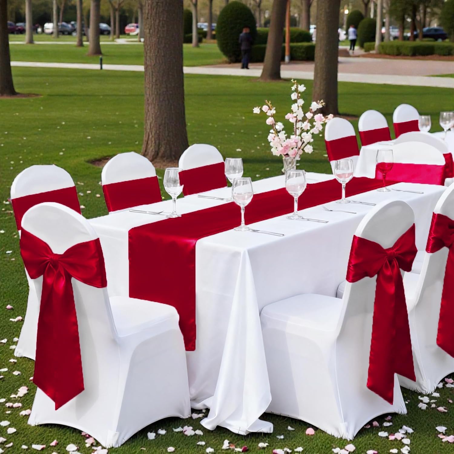 MDS 50 PCS Satin Table Runners 12 x 108 Inch Charmeuse Sateen Silk Table Runner for Indoor Outdoor Wedding Reception Birthday Graduation Party Event Banquet Dining Table Decoration - Apple Red